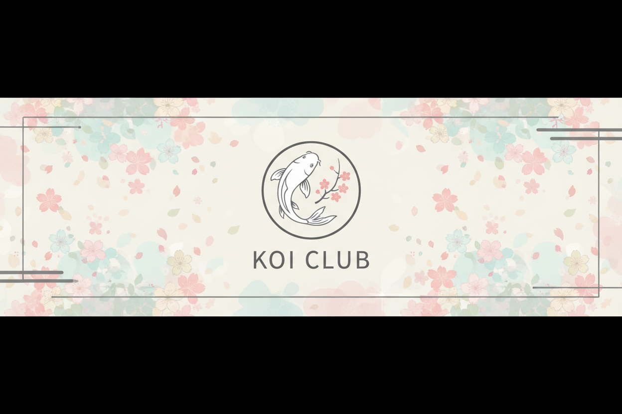 Bannière minimaliste et zen pour boutique en ligne ‘Koi Club’, fond pastel clair avec motifs répétés de carpes koi et fleurs de sakura, logo centré, style streetwear japonais, couleurs douces et harmonieuses.